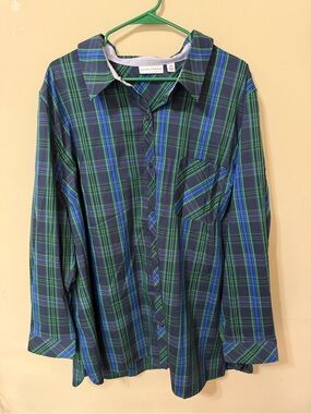 Susan Graver plus 27w Green & Blue Plaid Button-Down poplin crispy flattering